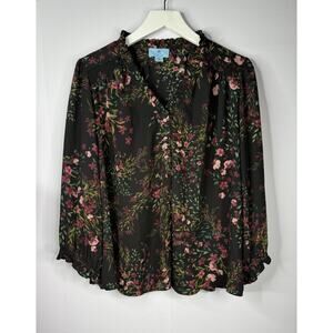 CeCe Button Up Top Womens 1x Dark Floral Romantic Cottagecore Ruffle V-Neck